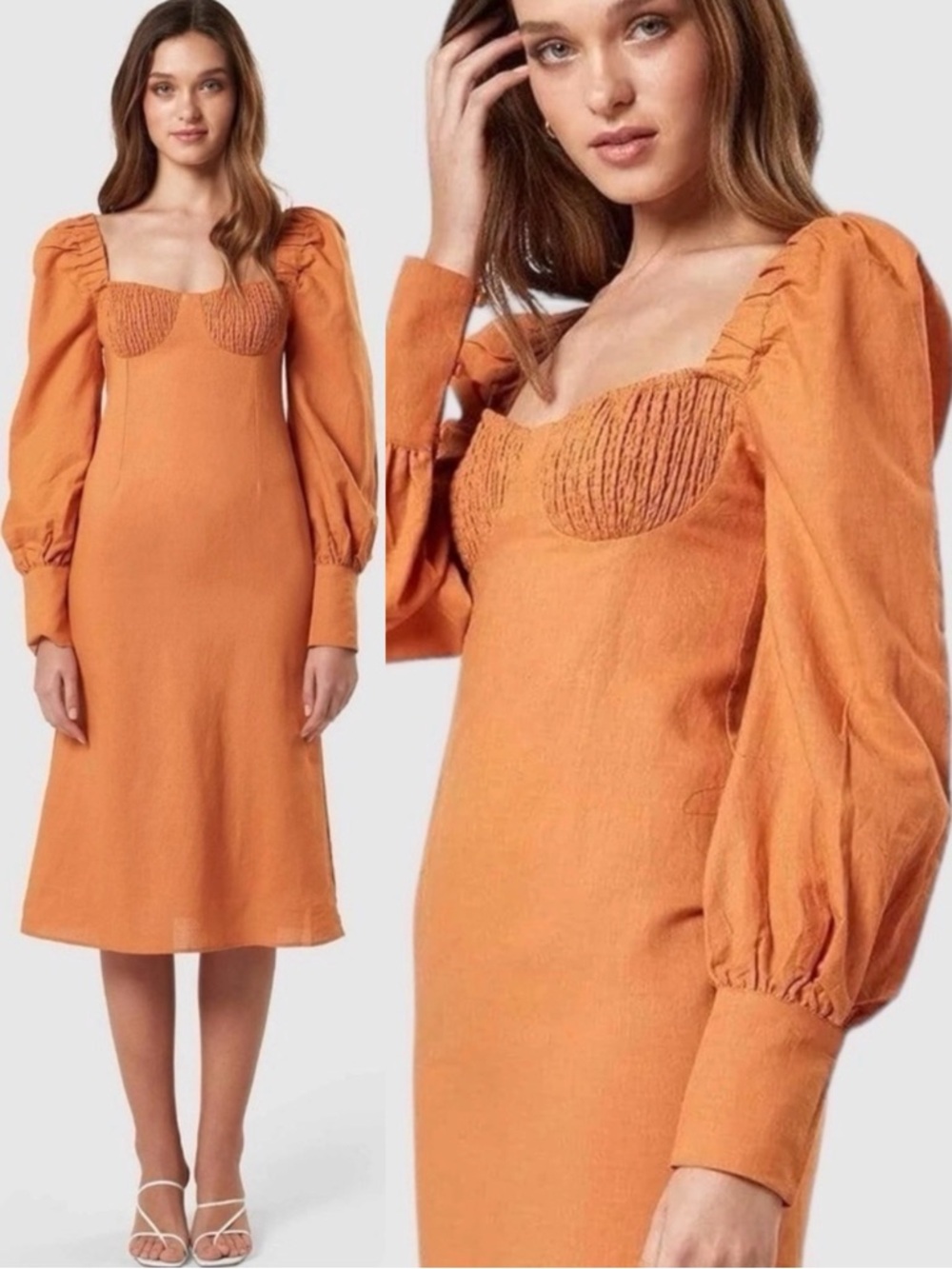 Anthropologie Charlie Holiday Linen Fitted Bodice Midi Dress in Burnt Sienna XS